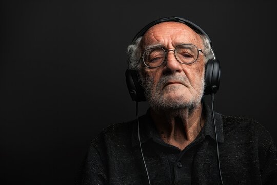 nostalgic old man with headphones listens to music on a black background. ai generative
