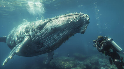 Fototapeta premium A man is taking a picture of a whale in the ocean. The whale is large and majestic, and the man is in awe of its beauty. The scene is peaceful and serene, with the man