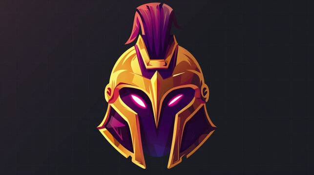 Illustration of a golden Spartan helmet with glowing purple eyes against a dark background