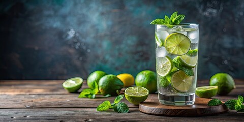 Cold and refreshing infused water with lime, mint, and ice served in a glass , infused water, lime, mint, ice, cold, refreshing
