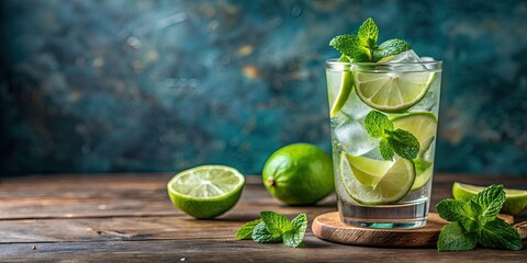 Cold infused water with lime, mint, and ice in a glass , Refreshing, beverage, hydration, healthy, detox, summer, citrus, herb