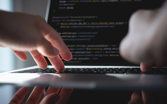 Digital technology, software development concept. Coding programmer, software engineer coding javascript on laptop computer screen, Agile development, digital technology