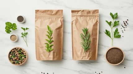 Gourmet Eco-Friendly Kraft Paper Food Packaging on Marble Background in 4K Resolution with Copy Space for Branding - Sustainable Packaging Concept, Generative Ai