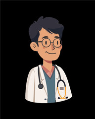 Fototapeta premium Cartoon doctor character with lab coat and black and gold stethoscope. Professional character portrait icon vector art isolated on a transparent background.