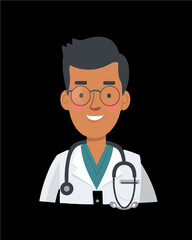 Fototapeta premium Dark skin doctor profile picture with stethoscope. Professional character portrait icon vector art isolated on a transparent background.