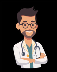 Doctor with a beard wearing eye glasses and medical coat with stethoscope. Professional character portrait icon vector art isolated on a transparent background.