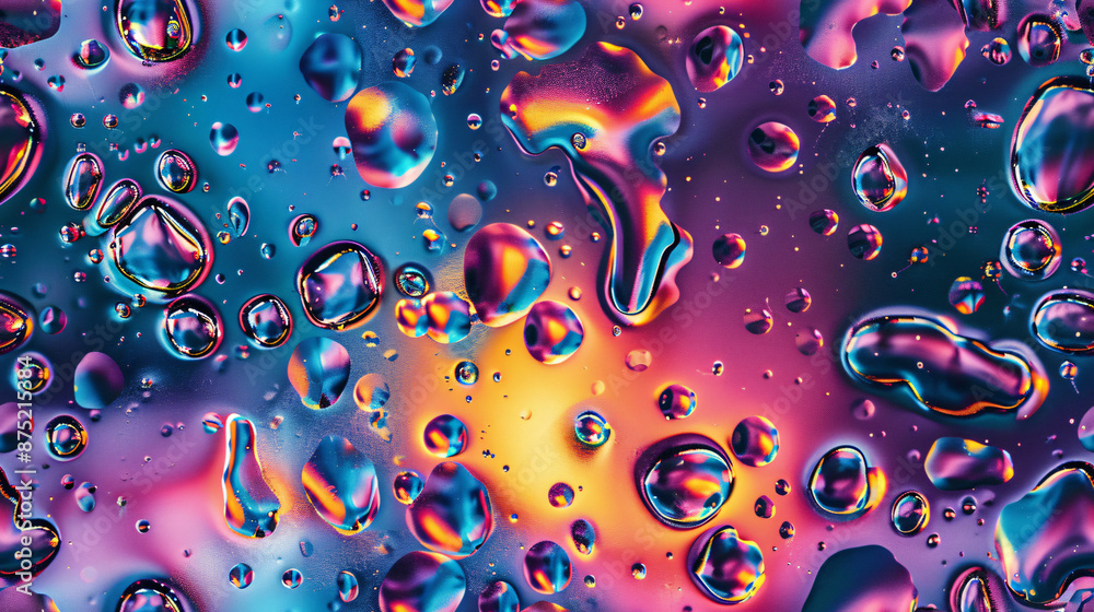 Poster vibrant, reflective surface with colorful water droplets forming unique shapes in an abstract backgr