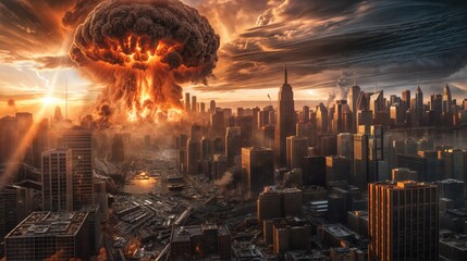 Massive nuclear explosion in the modern city. AI generated.