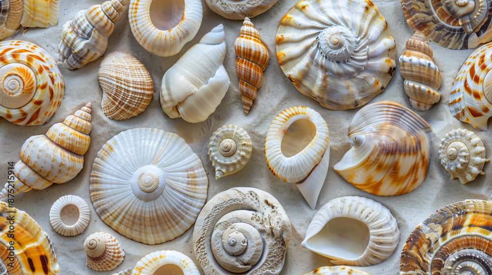 Poster various seashells scattered on sandy beach creating a stunning backdrop