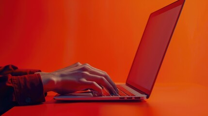 Hands typing on laptop on a red background. AI generated.