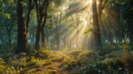 Fototapeta premium Wild forest with warm sunshine. AI generated.