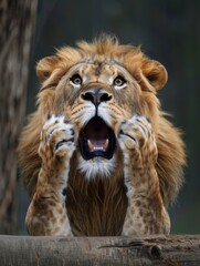 A very surprised and shocked lion with its mouth open and paws touching its head. Funny inspired animal
