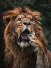 Fototapeta premium A very surprised and shocked lion with its mouth open and paws touching its head. Funny inspired animal