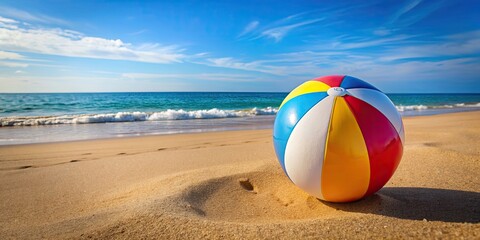 Obraz premium Colorful inflatable beach ball on sandy beach, summer, fun, vacation, recreation, leisure, outdoor, play, beach, holiday, sunny