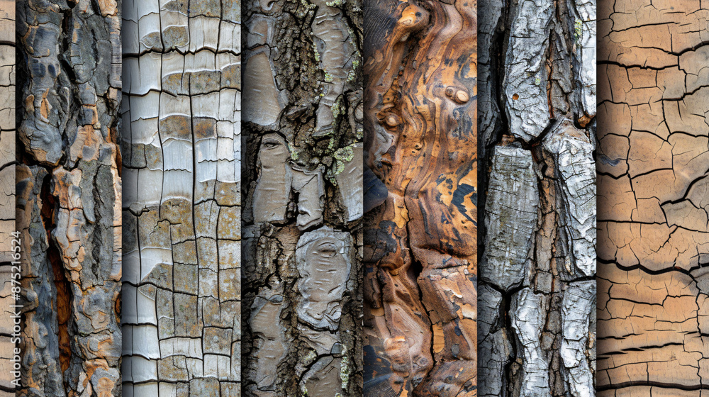 Poster assortment of tree bark textures depicting the natural aging process of trees