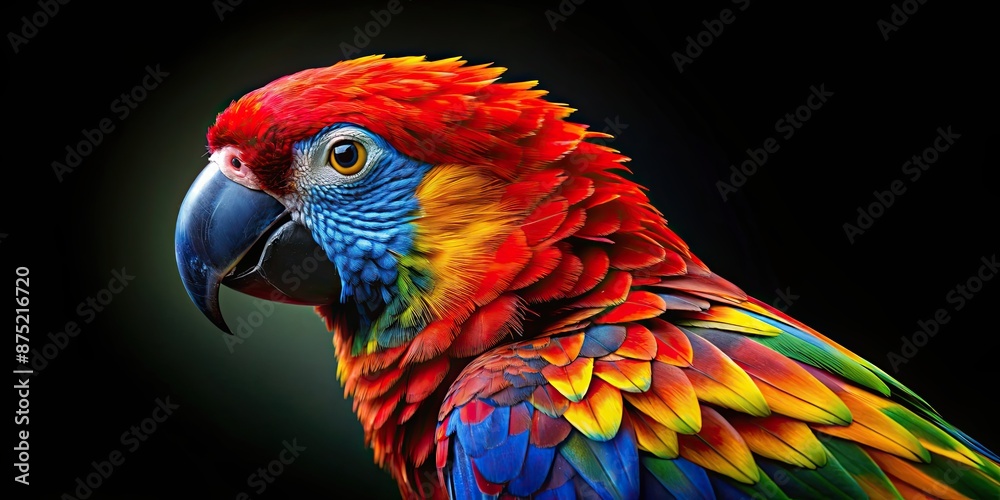 Canvas Prints Vibrant parrot with red, blue, and yellow feathers on a black background, parrot, colorful, vibrant, red, blue, yellow