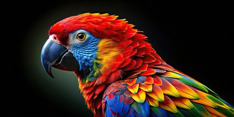Obraz premium Vibrant parrot with red, blue, and yellow feathers on a black background, parrot, colorful, vibrant, red, blue, yellow