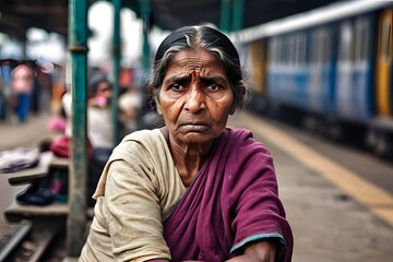 Fototapeta premium portrait of a poor woman sitting on railway station