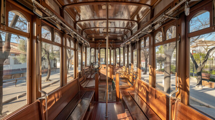 An old tram car in Linares, Spain has wooden seats and ceiling, and large windows. In the distance is the driver's seat with an old steel steering wheel.