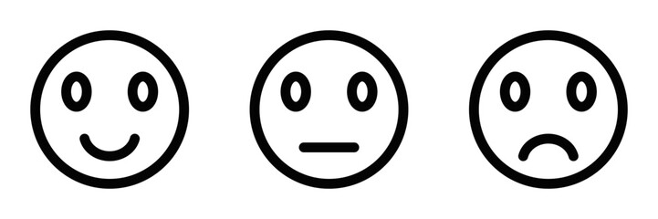 Vector illustrations of emoticons with different expressions in a simple black and white design. Editable stroke.