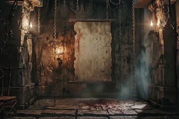 A medieval dungeon with flickering torches, iron chains, and a blank, blood stained parchment for text