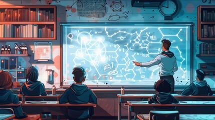 A classroom setting with a teacher pointing to a whiteboard illustration of polar molecules, explaining the role of electronegativity in determining molecular polarity.