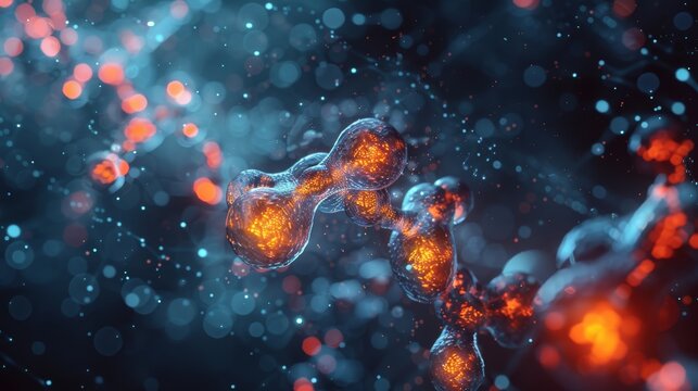 A detailed 3D illustration of a molecule, showing its intricate structure and highlighting key elements such as atoms, bonds, and functional groups.