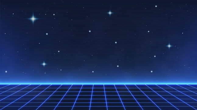 Laser Neon Grid With Stars and Mist. Retro Futuristic Design in 80s Style. Synthwave, Retrowave Theme