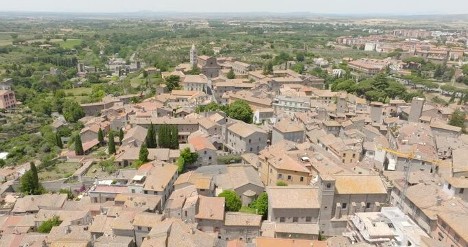 Aerial view of Palazzo dei Papi in Viterbo, Italy. It is a historical papal palace located alongside the Cathedral of the city. It is the most important monument in the town.