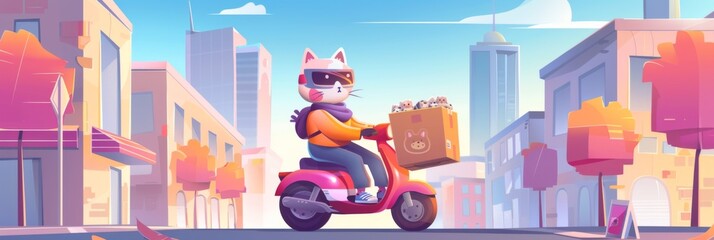Obraz premium Adorable Cat Riding a Motorcycle Delivering Pizza and Takeout in the City, Capturing the Fun and Whimsical Essence of Urban Life, Perfect for Pet Lovers and Food Delivery Themes