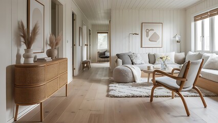 Scandinavian interior design of living room with rattan console, wooden chair