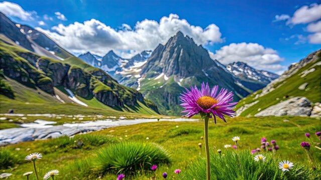 Vibrant Cicerbita alpina flower in bloom on alpine meadow, blooming, flora, botanical, wildflower, nature, colorful, close-up