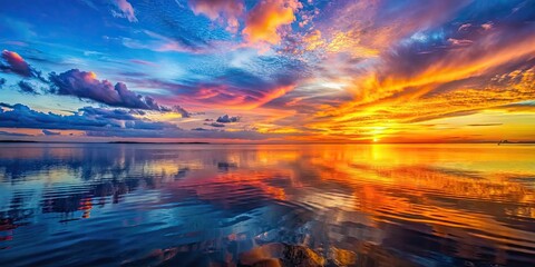 Vibrant sunset casting colorful reflections on the calm sea, sunset, sea, ocean, water, horizon, colorful, sky, clouds