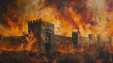 Fototapeta premium Tisha B’Av. The destruction of the Temple of Jerusalem. The holy city of Jerusalem succumbs to fire and chaos as the Temple is razed. Digital illustration. 