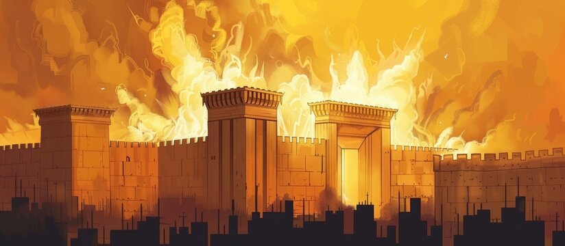 Tisha B&rsquo;Av. The destruction of the Temple of Jerusalem. The holy city of Jerusalem succumbs to fire and chaos as the Temple is razed. Digital illustration.
