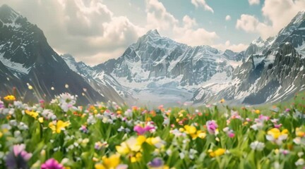 alpine meadow in the mountains and Nature valley with full of greenery and cloudy sky  with flowers