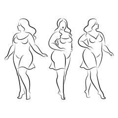 Collection. Silhouette figure of a slender woman. The girl is standing. The girl is full of beauty and sexuality. Girl is overweight vector illustration set