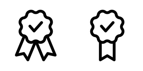 Vector illustration of two award ribbons with checkmarks. Ideal for concepts of achievement, quality assurance, and certification. Editable stroke.