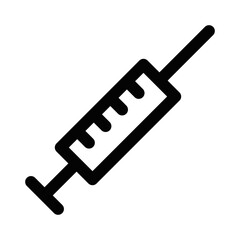 A black and white vector icon of a syringe. This minimalistic and clean design is perfect for use in medical, healthcare, or vaccination-themed designs. Editable stroke.
