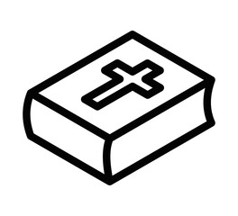 Vector illustration of a black outline Bible icon with a cross on the cover, symbolizing religion and faith, on a white background. Editable stroke.