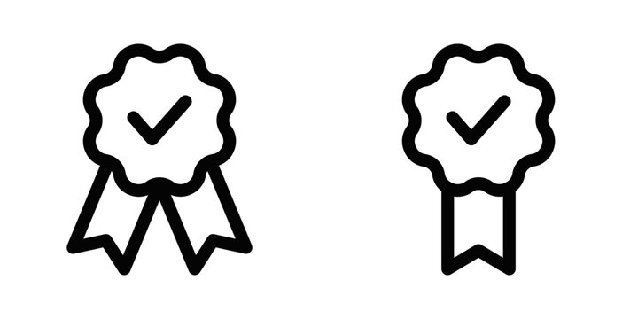 Vector illustration of two award ribbons with checkmarks. Ideal for concepts of achievement, quality assurance, and certification. Editable stroke.