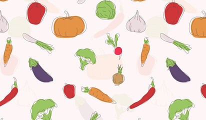 Vegetables pattern. Illustration of fresh vegetables. Hand-drawn vector elements. Organic Food.