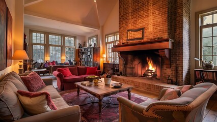 Fototapeta premium Fireplace on brick wall in bright living room interior of house