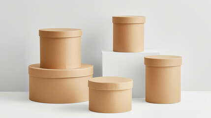 Cylindrical paper box on display on white background.