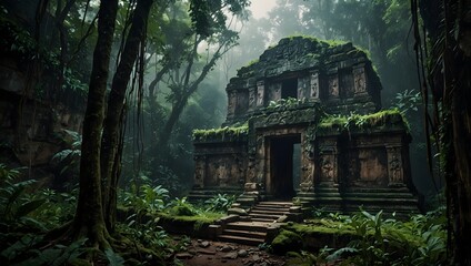 Naklejka premium The discovery of a forgotten civilization's ancient ruins buried deep in the jungle ai_generated