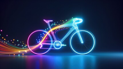 Fototapeta premium Vibrant neon bicycle with glowing trails on dark background, showcasing motion and energy using multicolored light art and futuristic aesthetics.