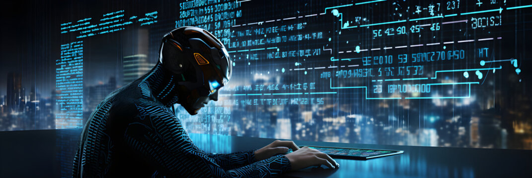 Advanced Humanoid Robotics Engaged in Futuristic Artificial Intelligence Programming