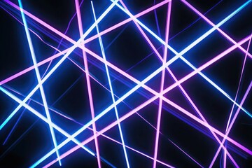A dynamic display of intersecting neon lines in sharp blue and soft purple, forming an abstract geometric pattern against a black canvas. The lines glow vividly, highlighting 