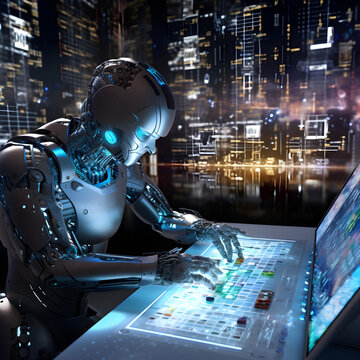 Advanced Humanoid Robotics Engaged in Futuristic Artificial Intelligence Programming