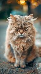 Funny Portrait of a Fluffy Grumpy Cat Outdoors, Capturing the Unique Expression and Charm of a Displeased Feline in a Natural Setting, Perfect for Pet Lovers and Humorous Themes
